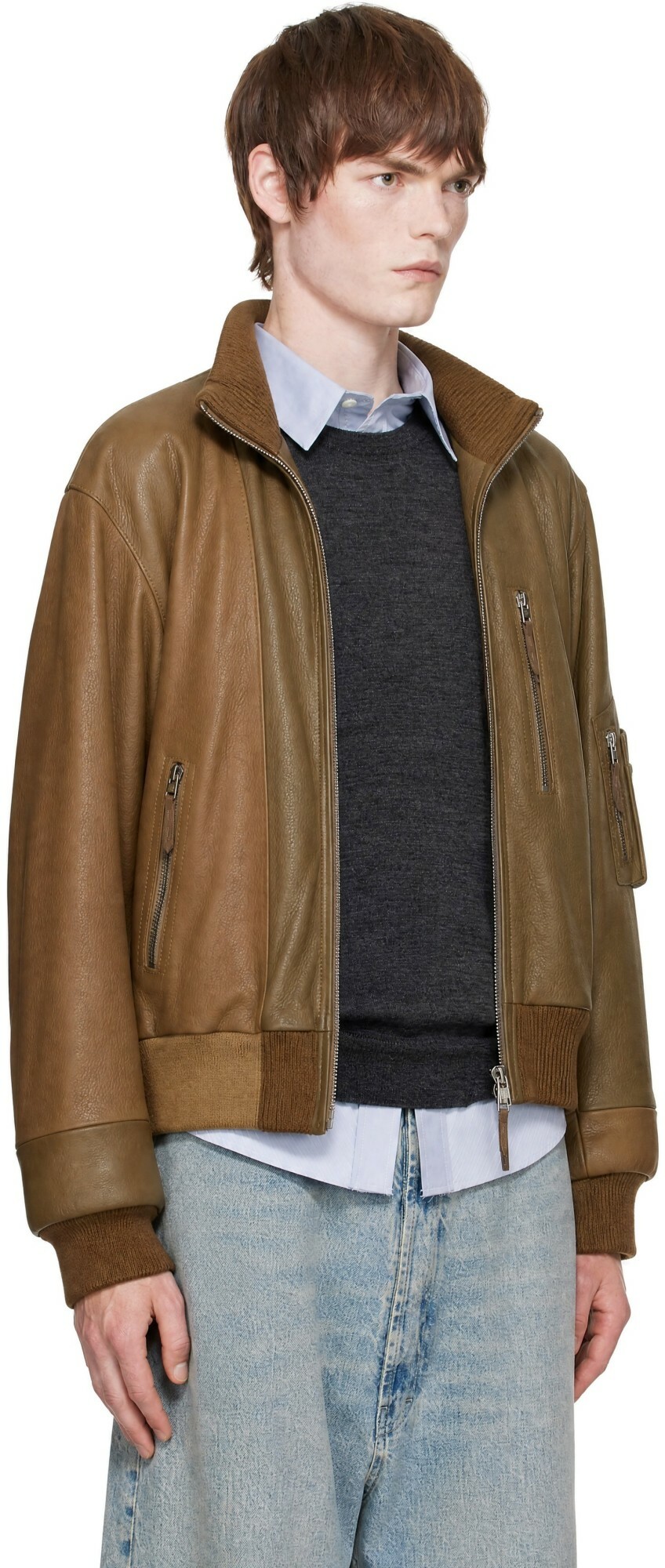Maison Margiela Tan Spliced Leather Bomber Jacket