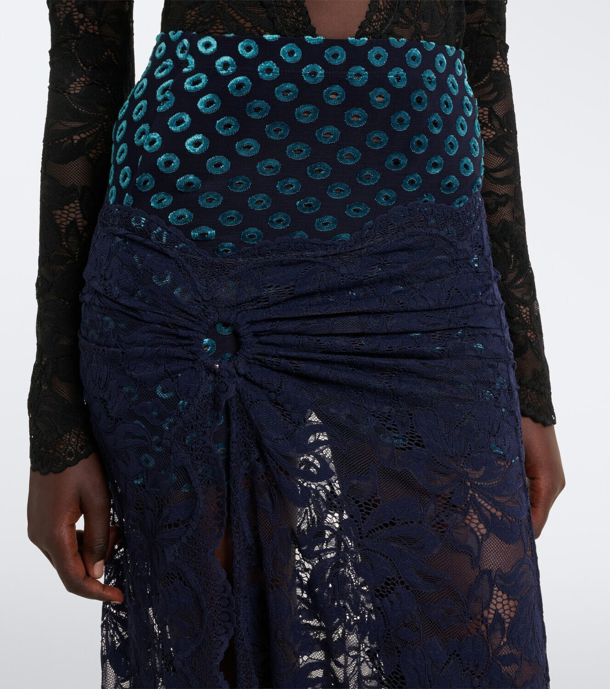 Rabanne Gathered lace and velvet maxi skirt