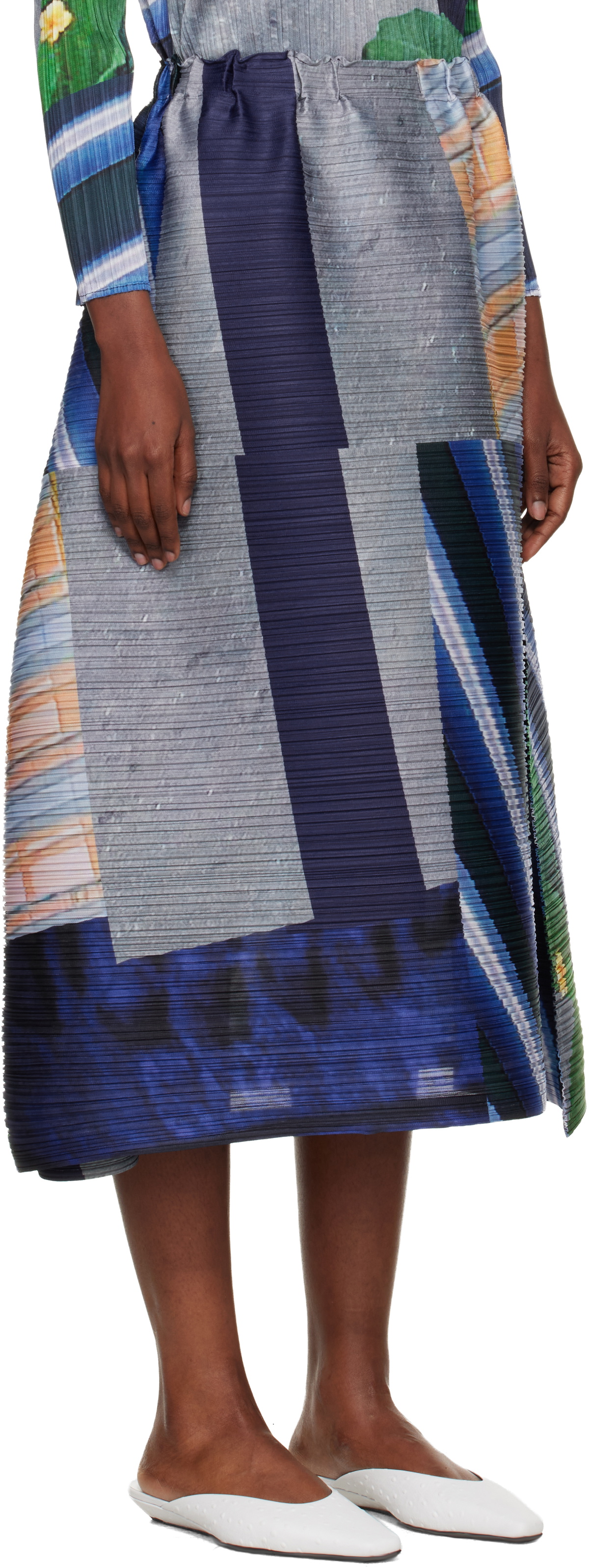 PLEATS PLEASE ISSEY MIYAKE Gray & Navy City Collage Midi Skirt