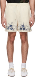 HARAGO Off-White Floral Embroidered Shorts