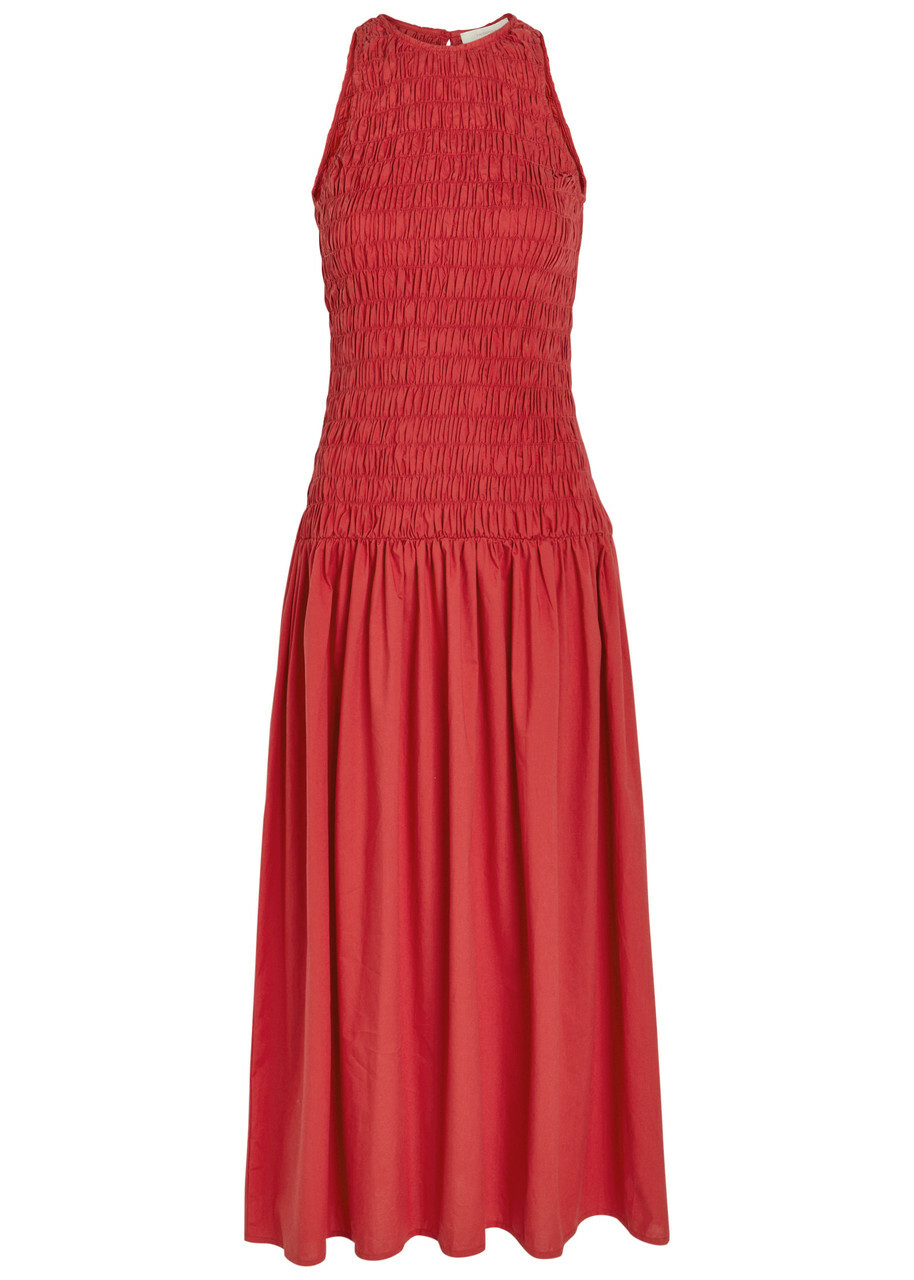 Faithfull The Brand Sanchia Shirred Cotton Midi Dress Red