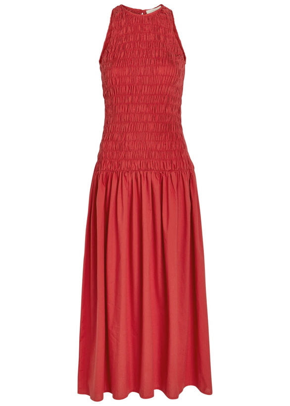 Photo: Faithfull The Brand Sanchia Shirred Cotton Midi Dress Red