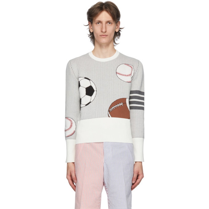 Photo: Thom Browne White and Grey 4-Bar Striped Multi Ball Icon Sweater