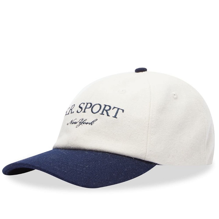 Photo: Sporty & Rich SR Sport Wool Cap in Ecru/Navy