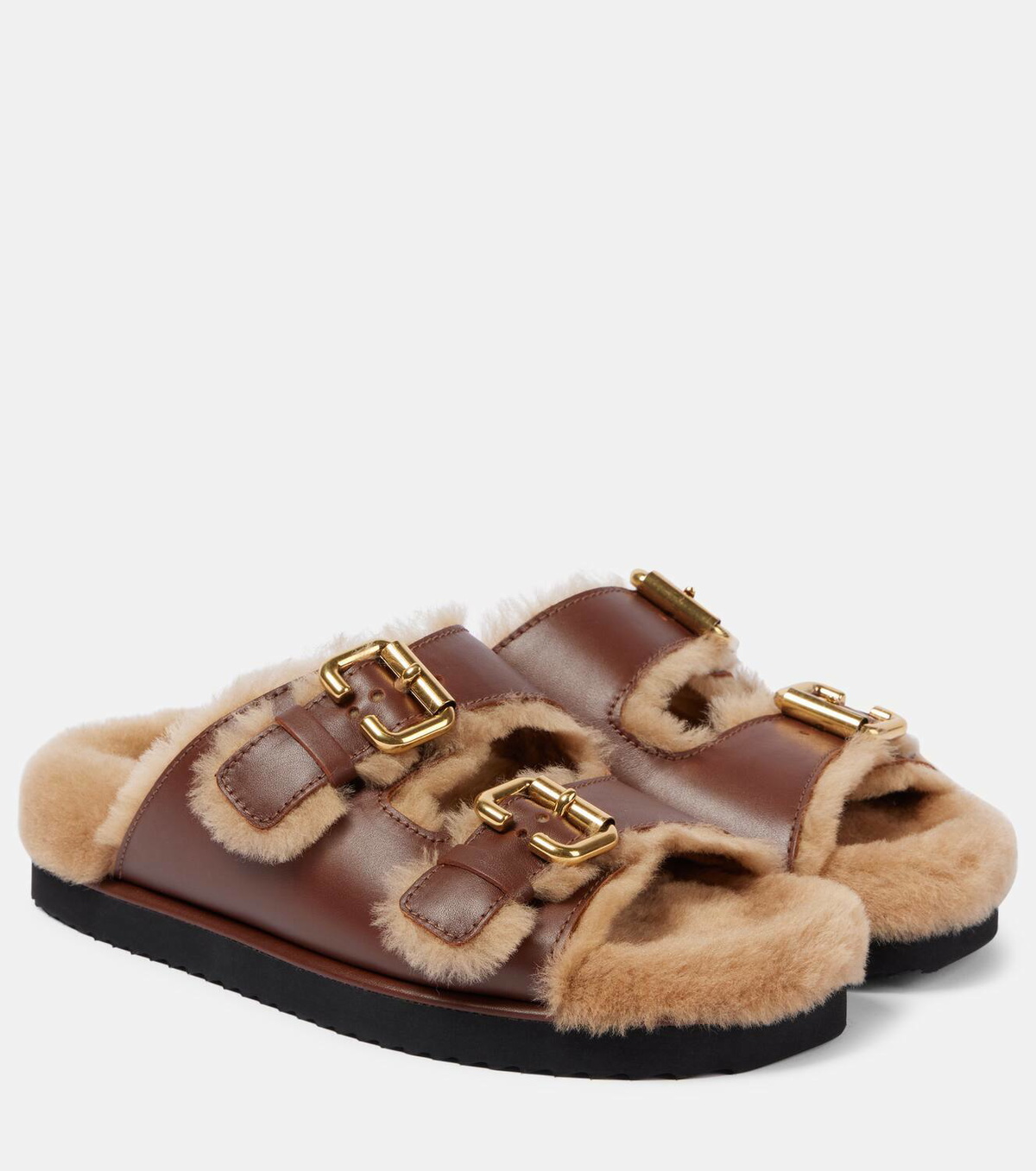 ＊CHLOE クロエ＊ Nil Shearling Leather Sandals Nil shearling-lined leather sandals in black - Chloe | Mytheresa