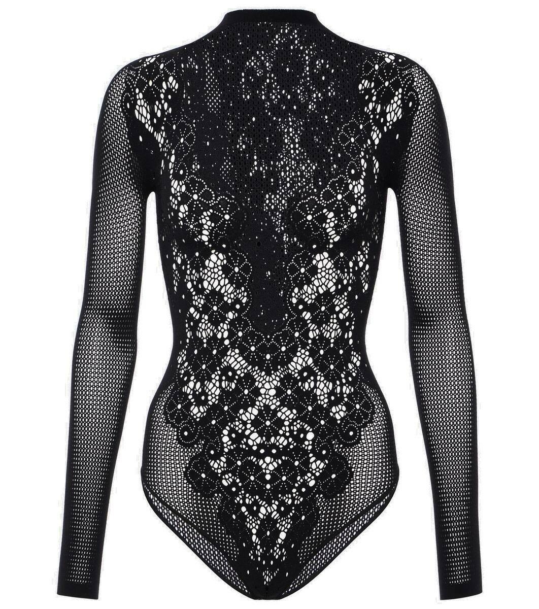 Wolford Black Checkered Floral Trim One Piece Long Sleeve Bodysuit Size  Medium