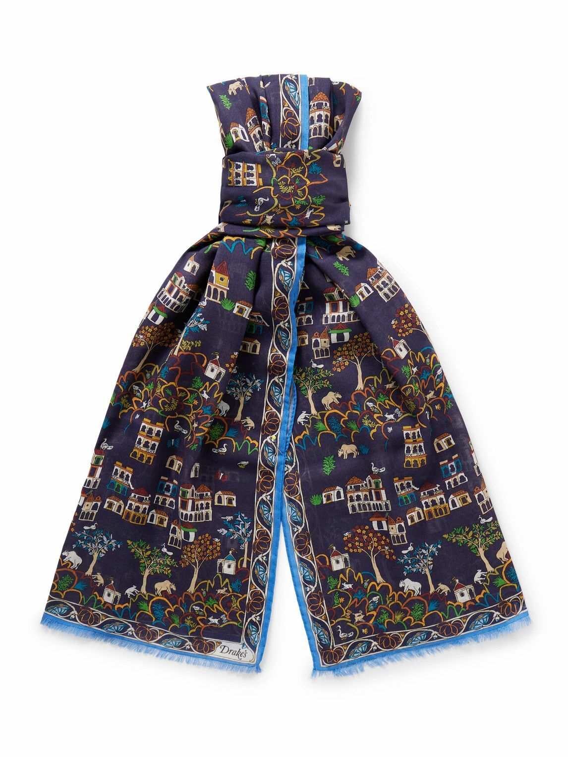 Drake's - Frayed Printed Wool and Silk-Blend Scarf