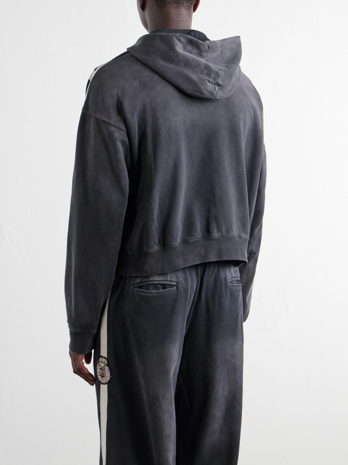424 - Logo-Embroidered Distressed Cotton-Jersey Zip-Up Hoodie - Black