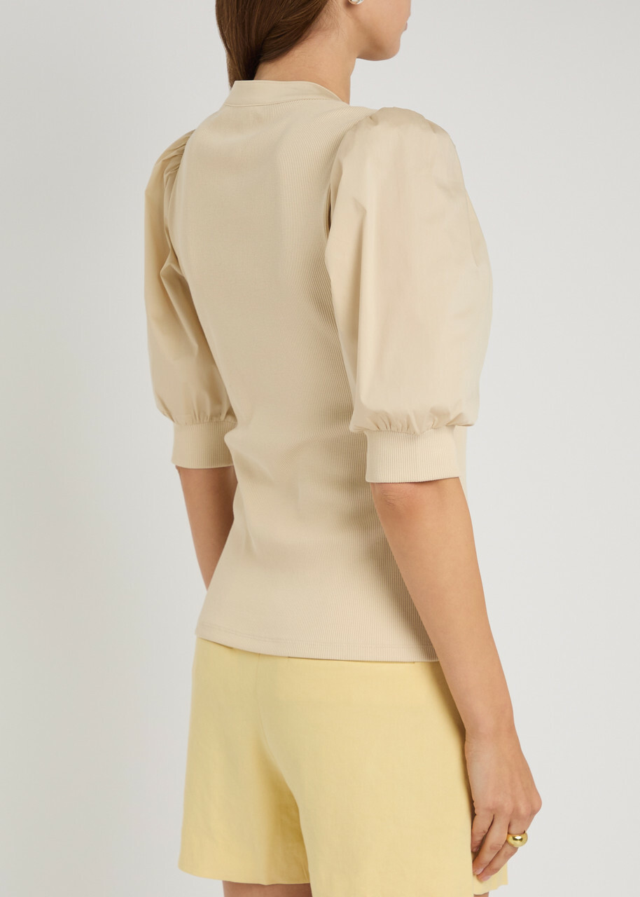 Veronica Beard Coralee Ribbed Stretch-cotton top Cream
