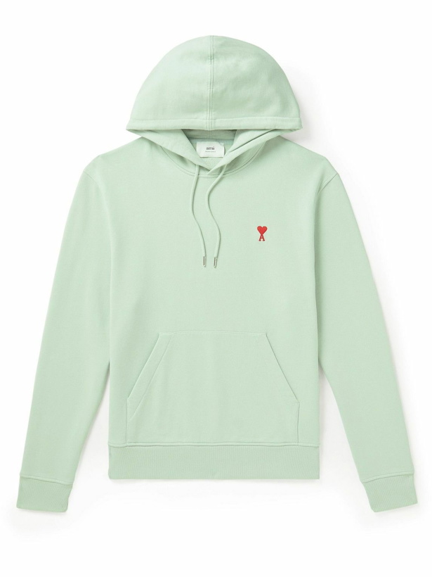 Photo: AMI PARIS - Logo-Embroidered Cotton-Jersey Hoodie - Green