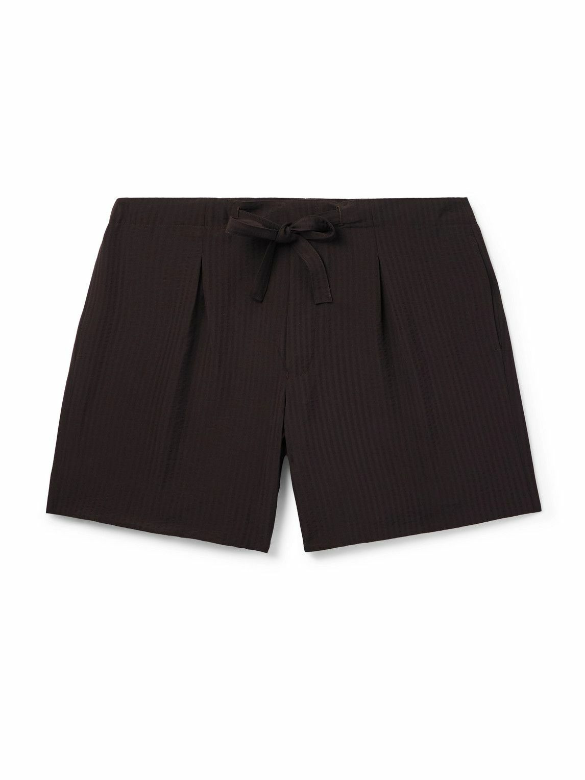 Stòffa - Straight-Leg Pleated Wool-Seersucker Shorts - Brown