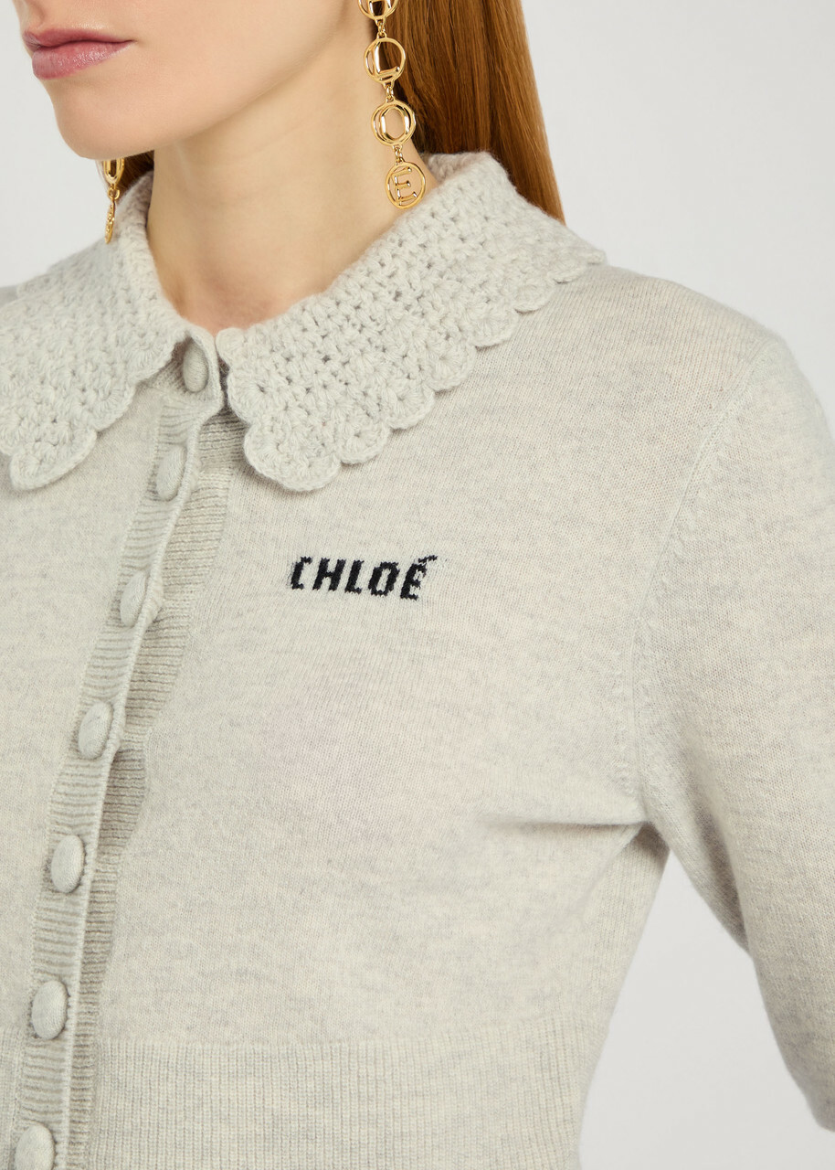 Chloe Logo Intarsia Wool Cardigan Light Grey