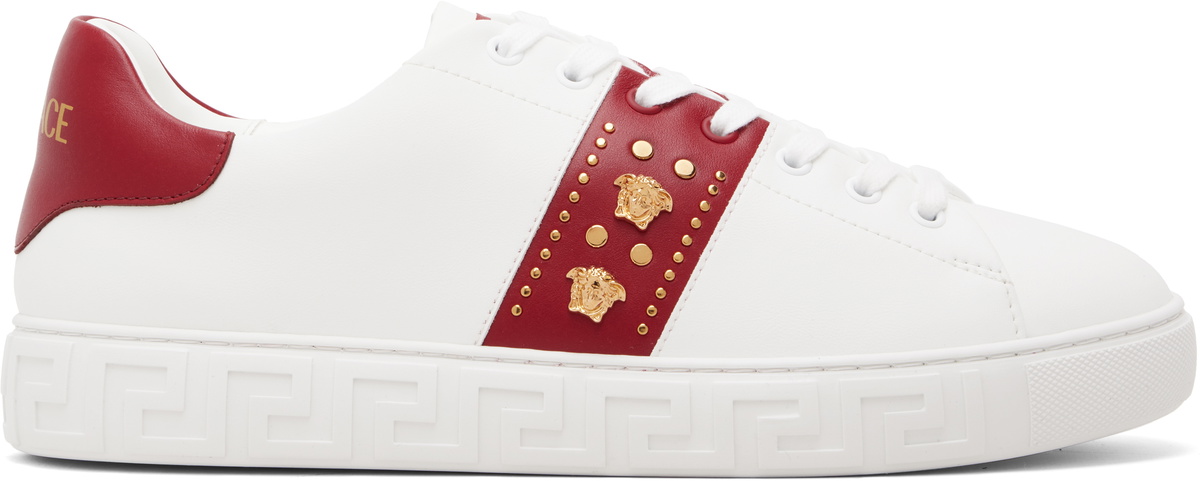 Versace White & Red Greca Embellished Faux-Leather Sneakers