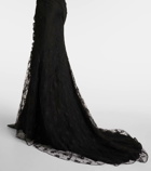 Alessandra Rich Bow-detail ruffled off-shoulder lace gown