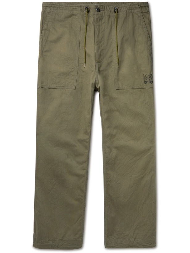 Photo: Needles - Logo-Print Herringbone Cotton Drawstring Trousers - Green - L