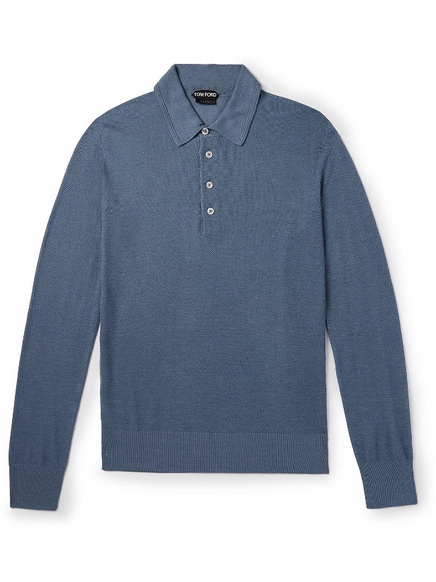 Photo: TOM FORD - Slim-Fit Silk and Cotton-Blend Piqué Polo Shirt - Blue