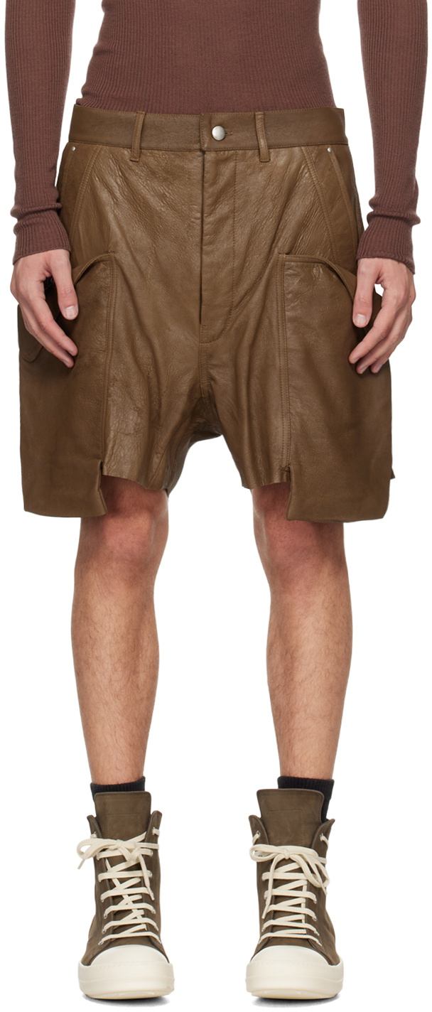 Khaki Porterville Stefan Cargo Leather Shorts by Rick Owens