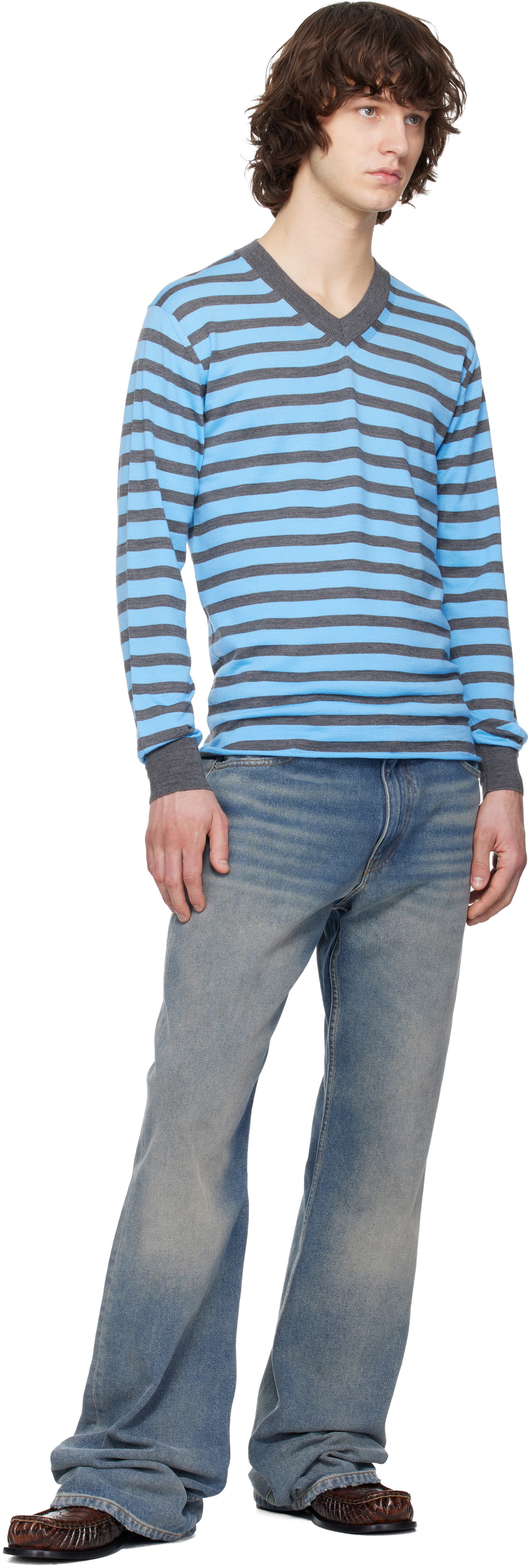 Junya Watanabe Blue & Gray Worsted Wool Jersey Stripe Sweater