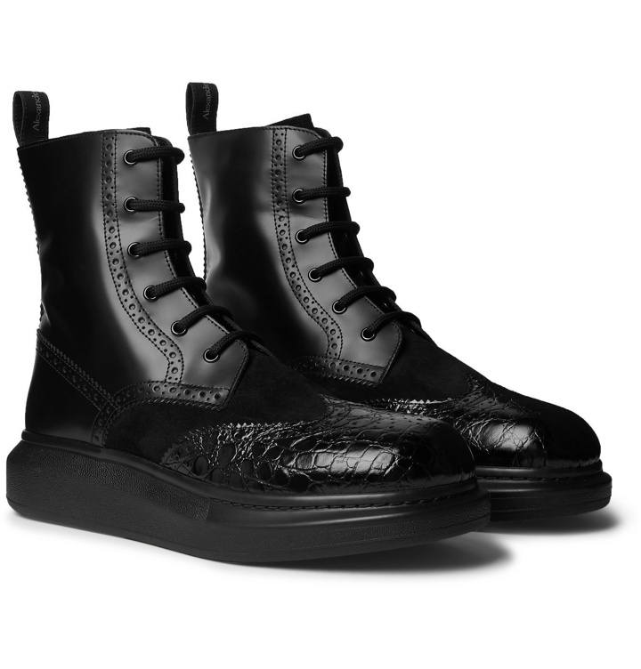 Photo: Alexander McQueen - Exaggerated-Sole Suede and Patent Croc-Effect Leather Boots - Black
