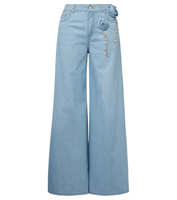 Photo: Area Embellished floral-appliqué wide-leg jeans