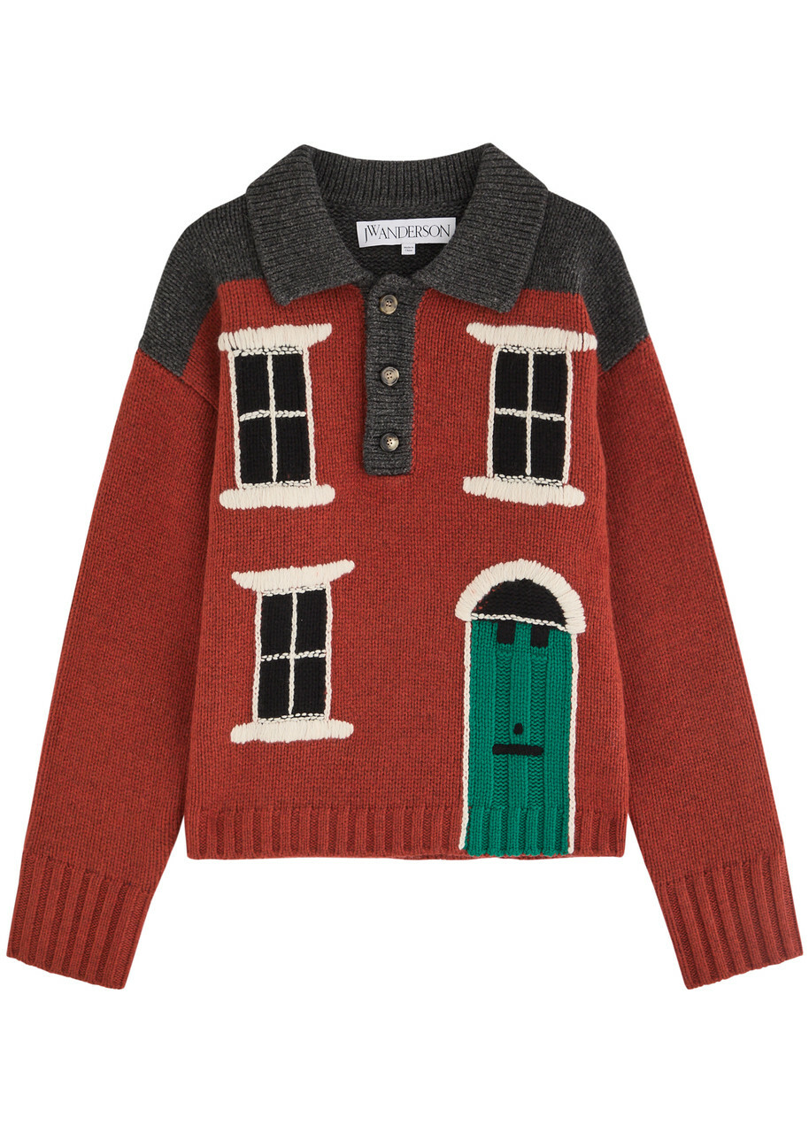 JW Anderson House-intarsia Wool Polo Jumper Dark Brown