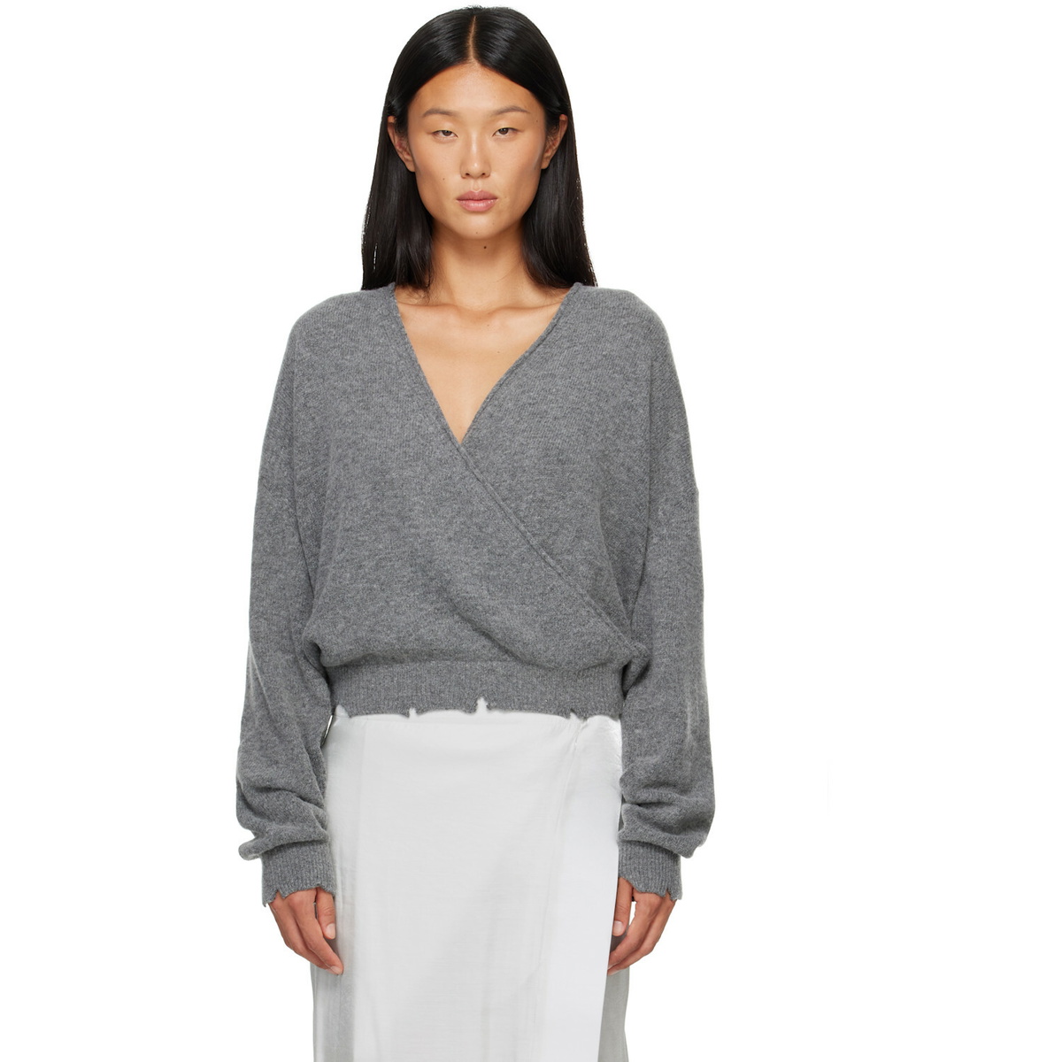 OPEN YY Gray Wool Criss Cross Wrap Knit Sweater
