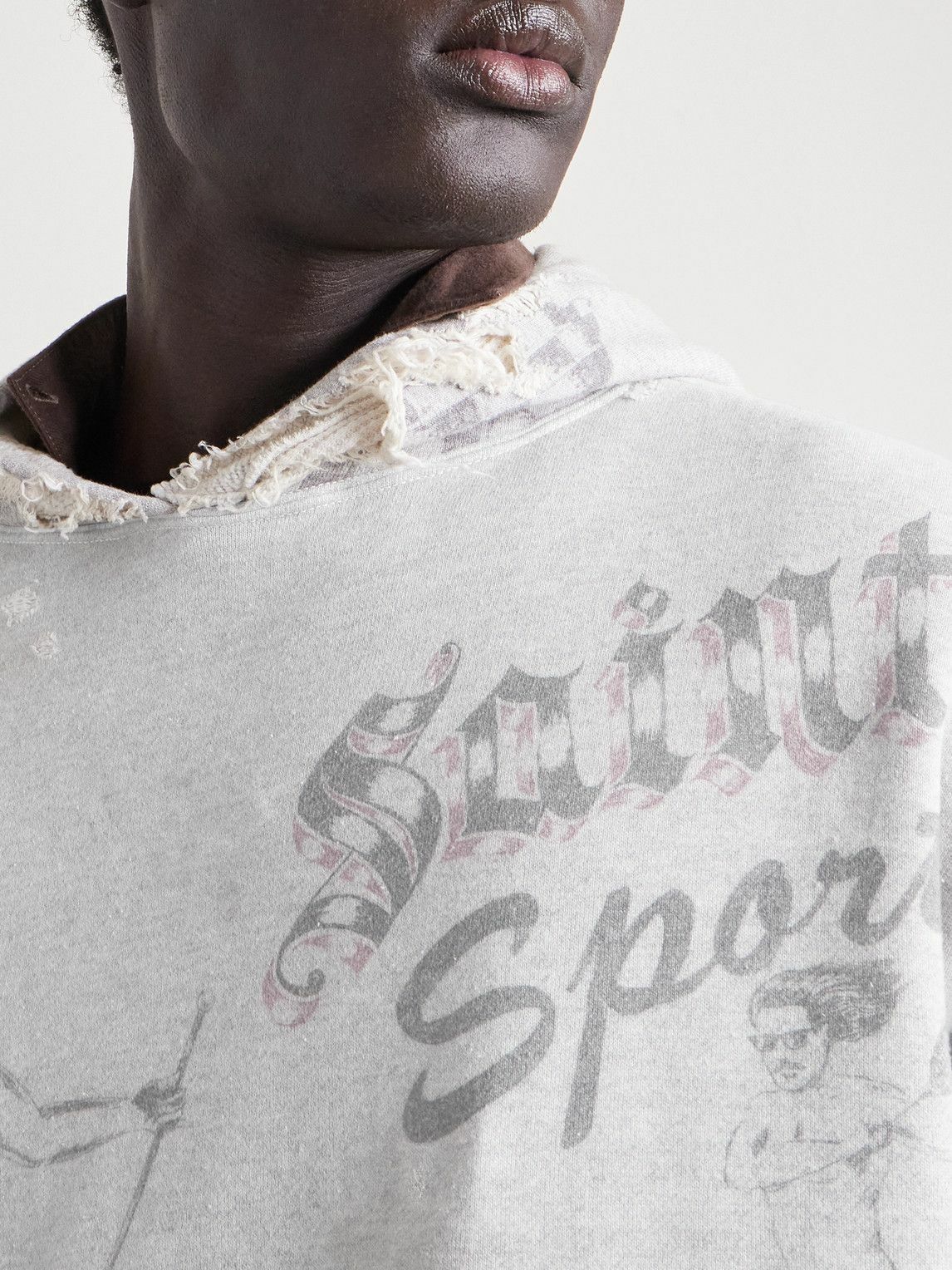 SAINT MXXXXXX - Printed Distressed Cotton-Jersey Hoodie - Gray