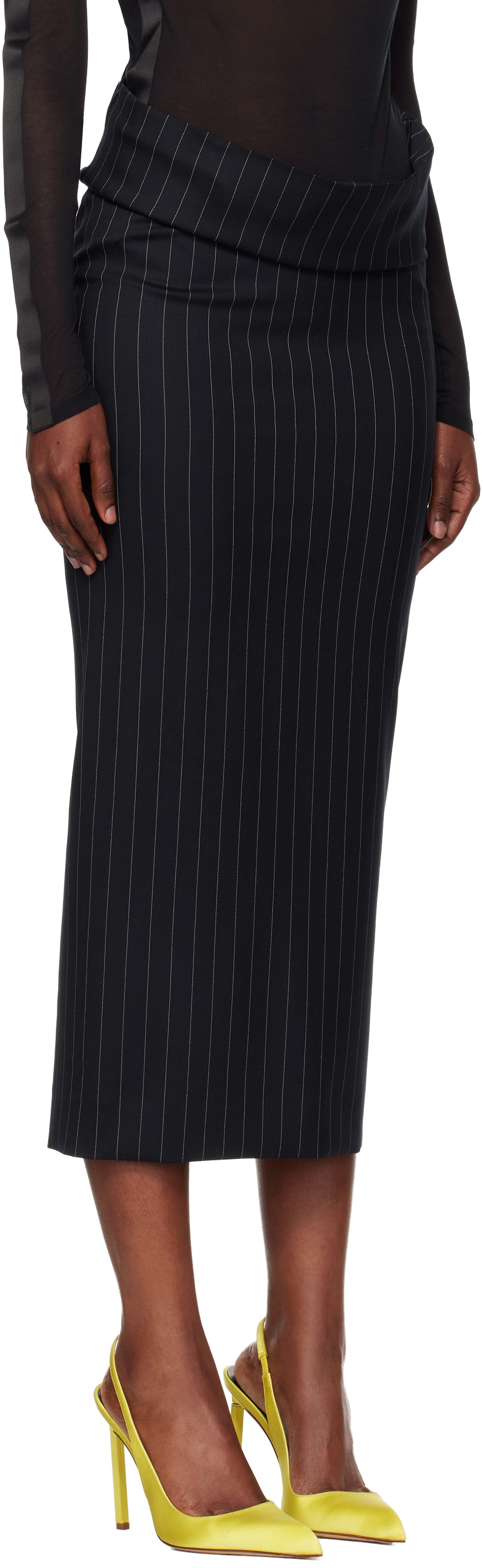 Mugler Navy Pinstripe Stretch Tube Midi Skirt