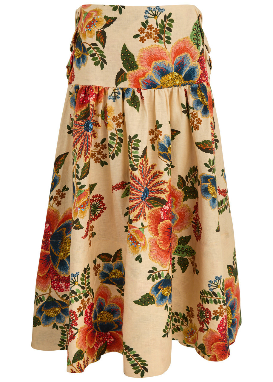 Farm Rio Delicate Garden Printed Linen Midi Skirt Cream Farm Rio