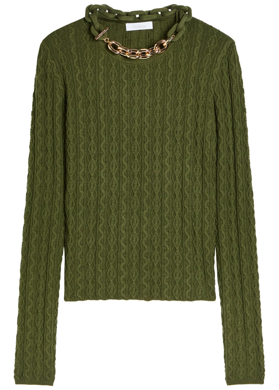 Rabanne Chain-embellished Cable-knit Jumper Khaki