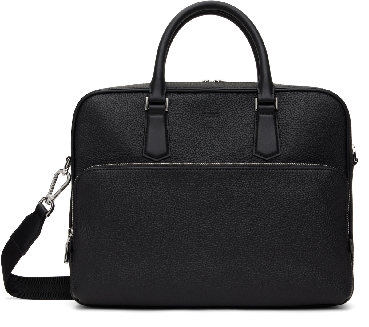 BOSS Black Leather Embossed Logo Briefcase