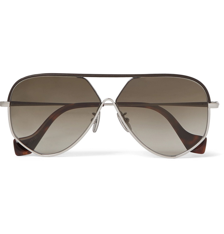 Photo: Loewe - Aviator-Style Leather-Trimmed Silver-Tone and Tortoiseshell Acetate Sunglasses - Silver