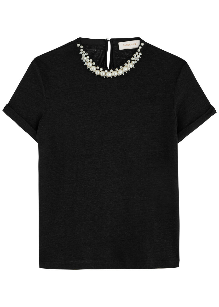 Zimmermann Crush Embellished Linen T-shirt Black Zimmermann