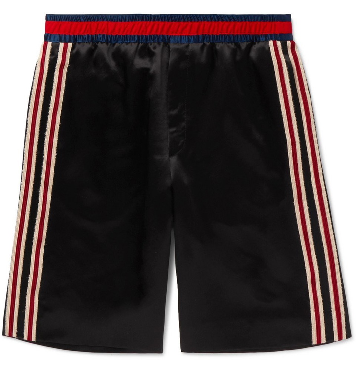 Photo: Gucci - Wide-Leg Webbing-Trimmed Embroidered Satin Shorts - Black