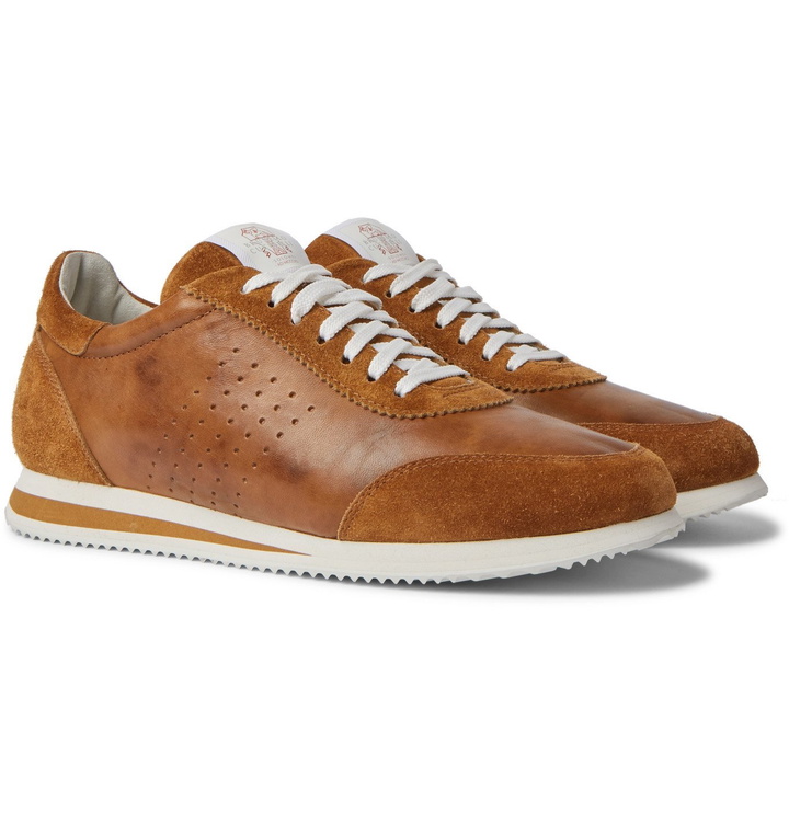 Photo: Brunello Cucinelli - Leather and Suede Sneakers - Brown