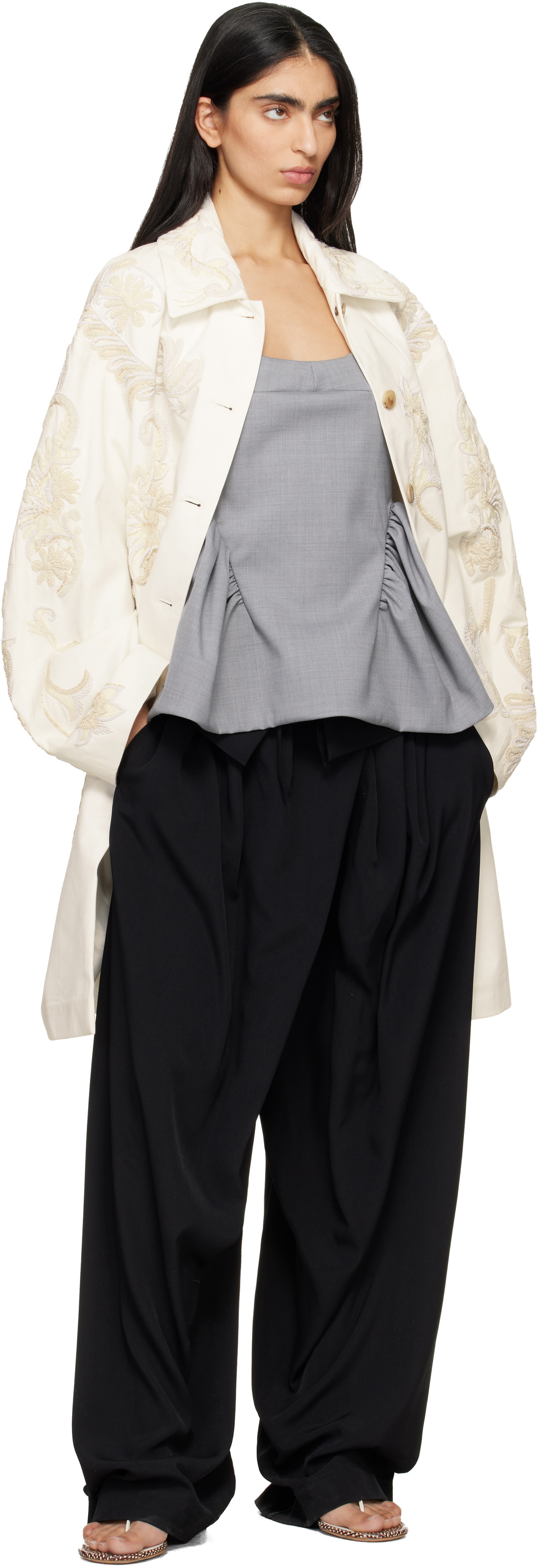 Dries Van Noten Off-White Embroidered A-Line Coat