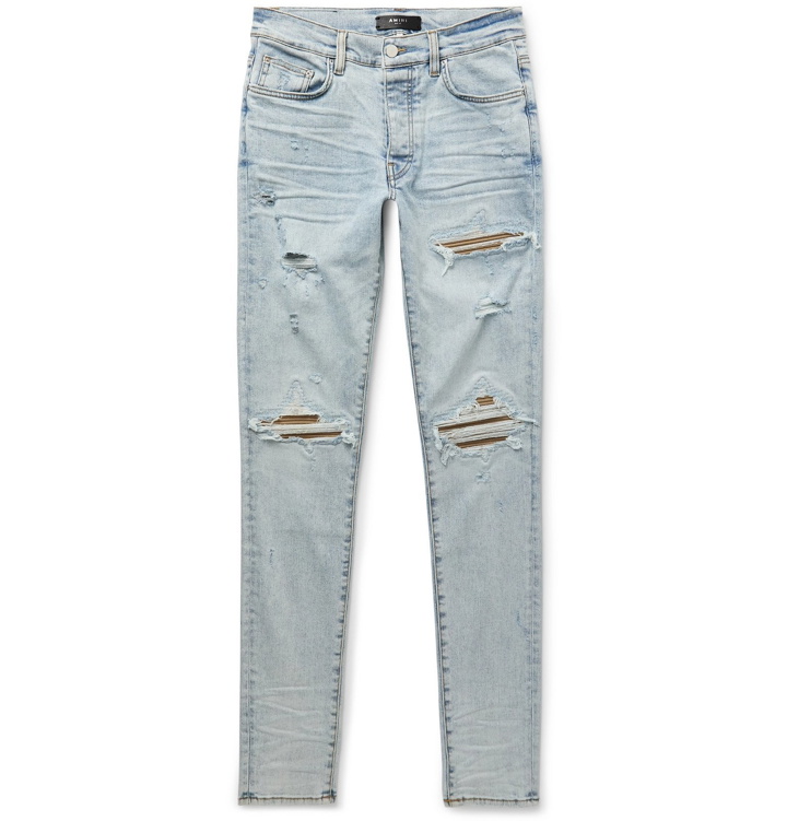 Photo: AMIRI - MX1 Skinny-Fit Suede-Panelled Distressed Stretch-Denim Jeans - Blue