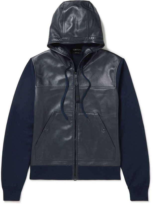 Photo: TOM FORD - Slim-Fit Leather-Panelled Cotton and Cashmere-Blend Zip-Up Hoodie - Blue