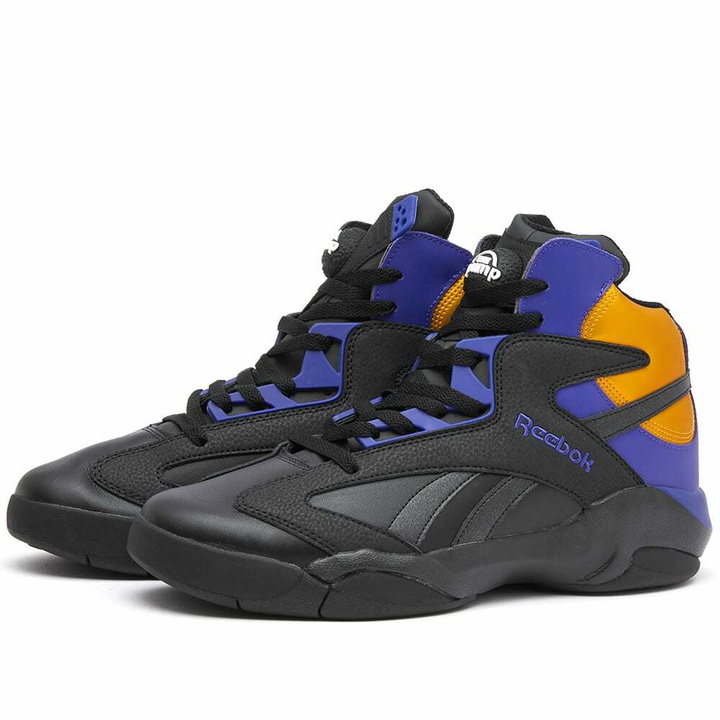 Photo: Reebok Men's Shaq Attaq Sneakers in Core Black/Bold Purple/Gold