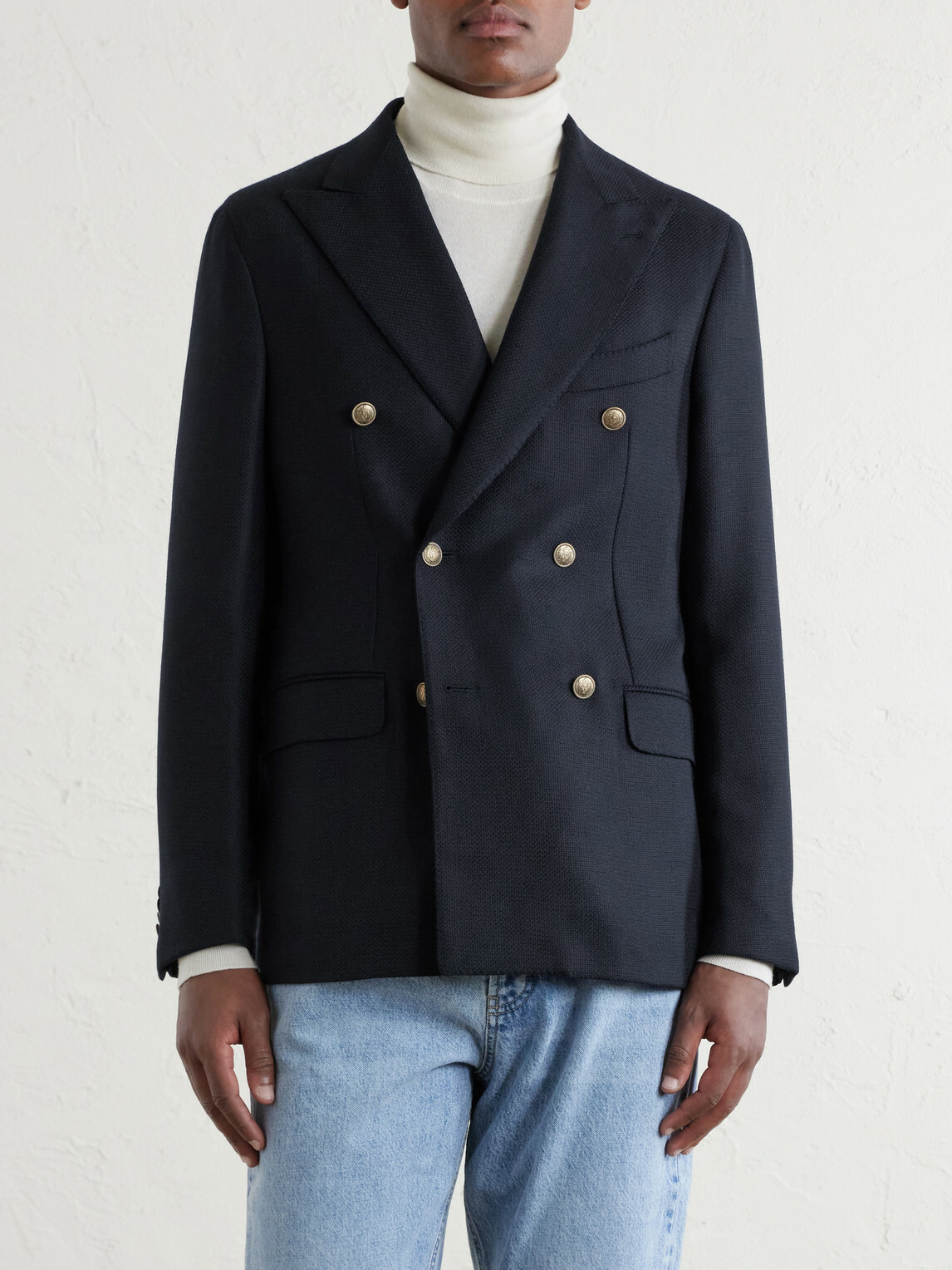 Caruso - Aida Double-Breasted Wool-Basketweave Blazer - Blue