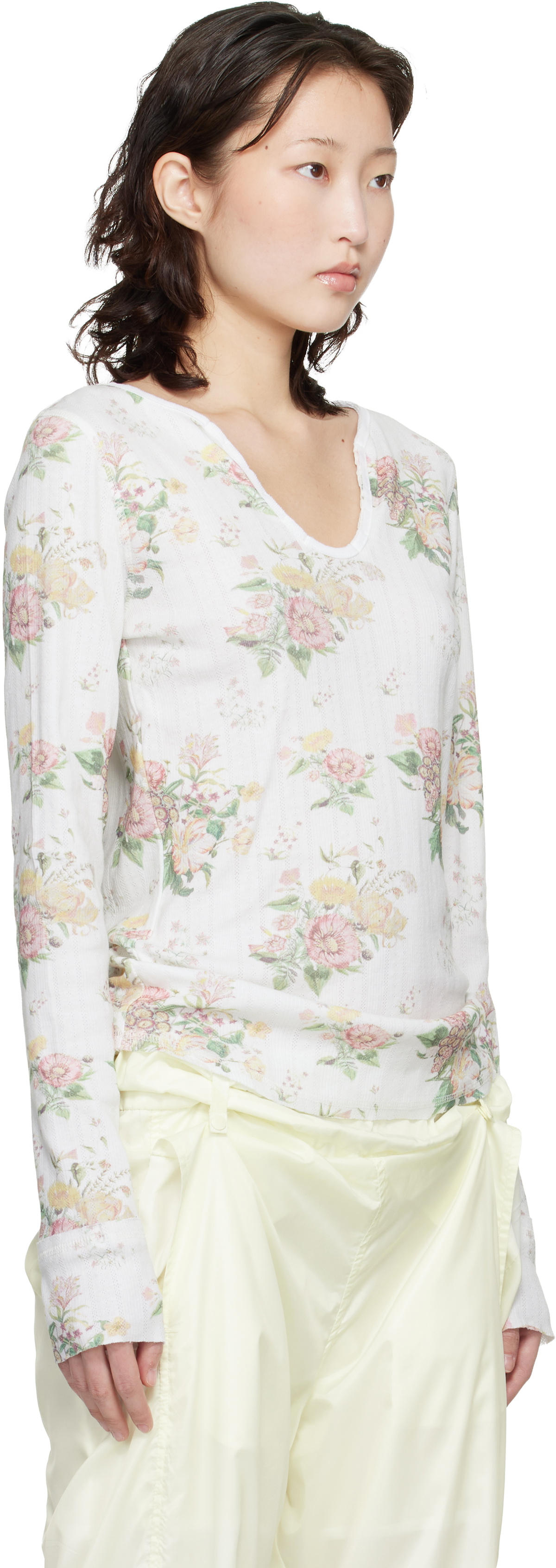 OPEN YY White Floral Hook Long Sleeve Henley