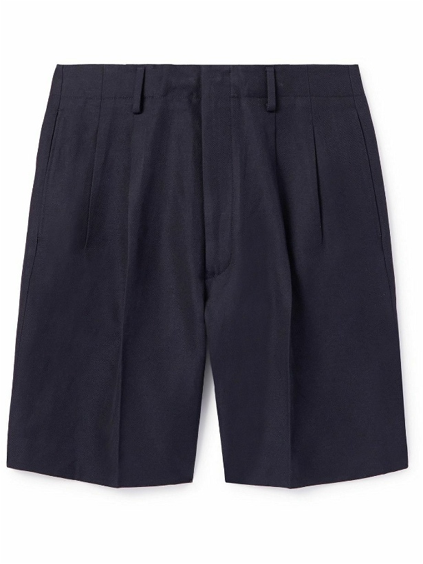 Photo: Loro Piana - Joetsu Straight-Leg Pleated Cotton and Linen-Blend Twill Bermuda Shorts - Blue