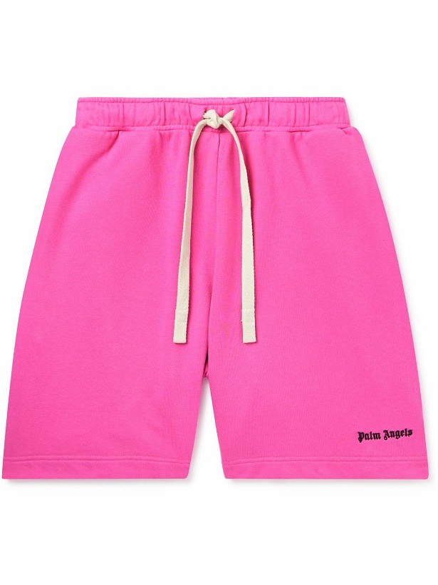 Photo: Palm Angels - Wide-Leg Logo-Embroidered Cotton-Jersey Drawstring Shorts - Pink