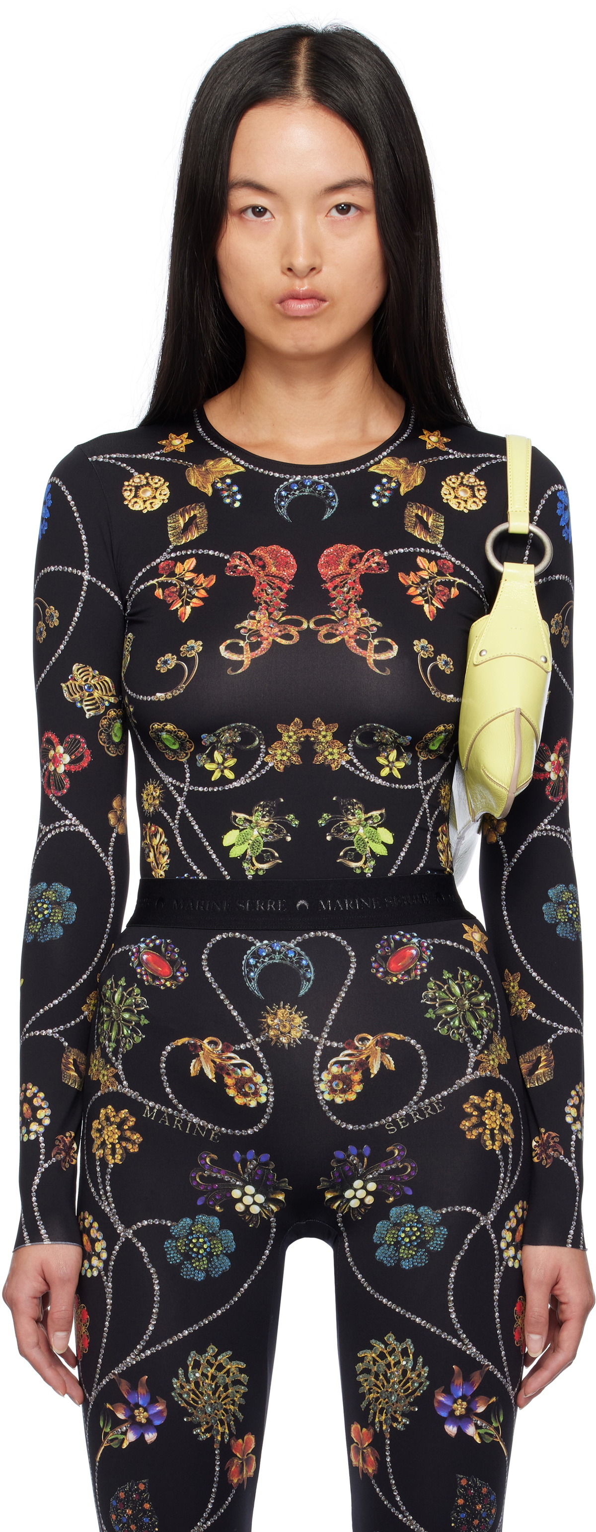 Marine Serre Black Floral Jewelry Second Skin Long Sleeve T