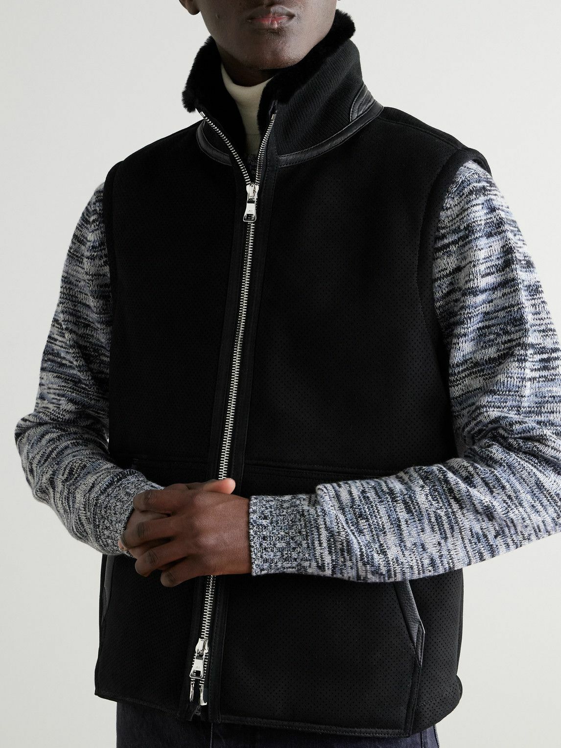 Mr P. - Full-Grain Leather-Trimmed Perforated Shearling Gilet - Black