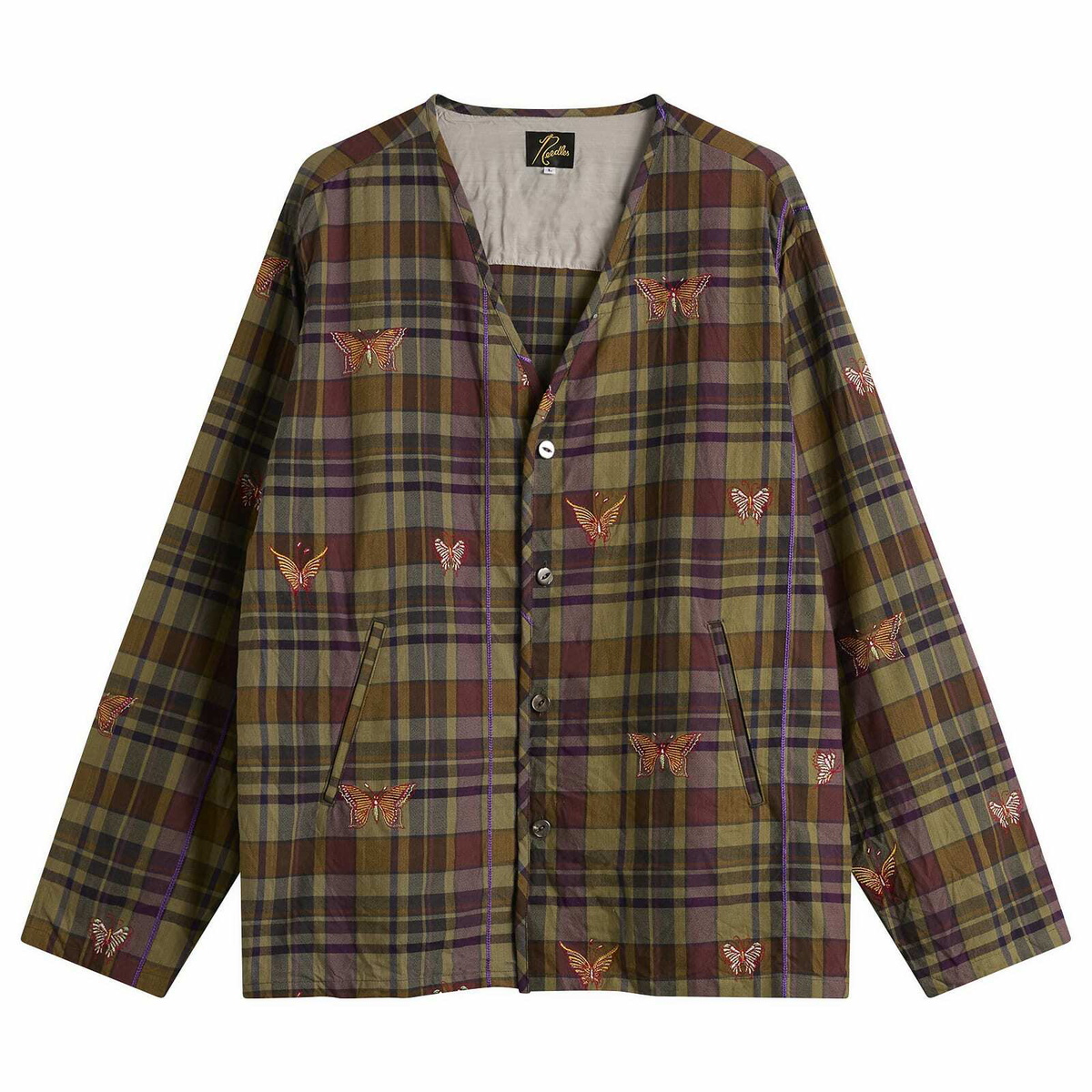 Needles Men's Embroidered Madras Plaid Cardigan in Brown