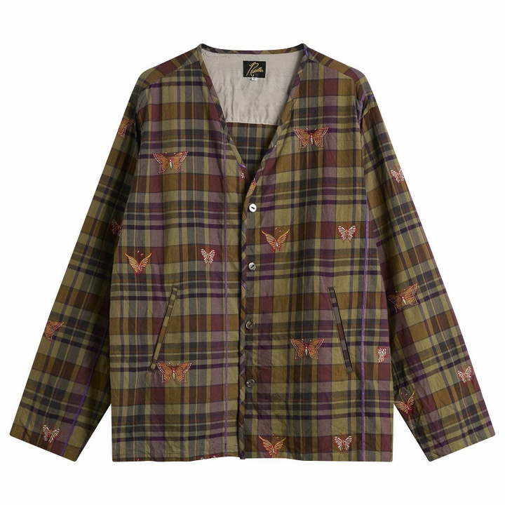 Photo: Needles Men's Embroidered Madras Plaid Cardigan in Brown