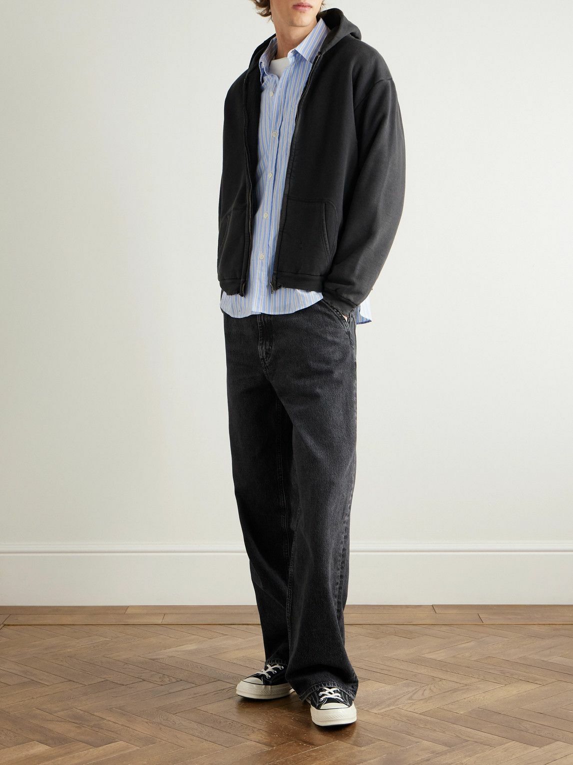 A.PRESSE - Vintage Cotton-Jersey Zip-Up Hoodie - Black A.PRESSE