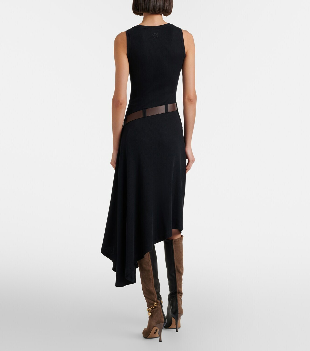 Loewe Belted ribbed-knit draped cotton-blend midi dress