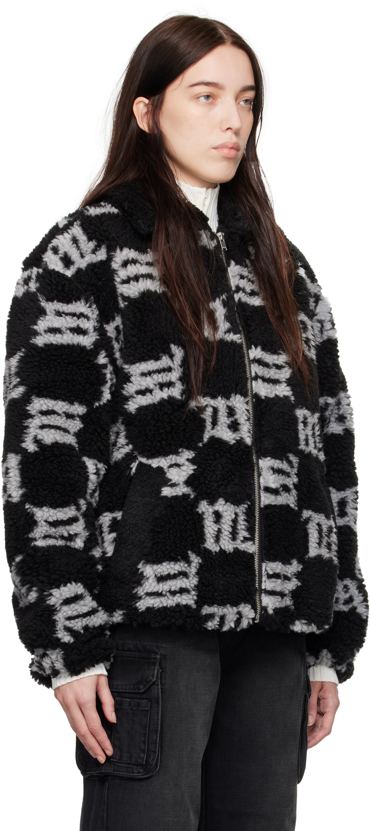 MISBHV Black Monogram Faux-Shearling Jacket